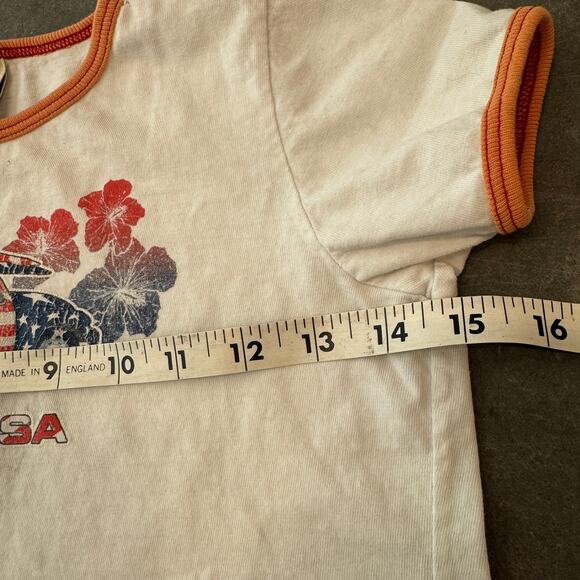 Vintage Y2K Surf USA Summer USA White Graphic Ringer Baby Tee 6X - Picture 5 of 6